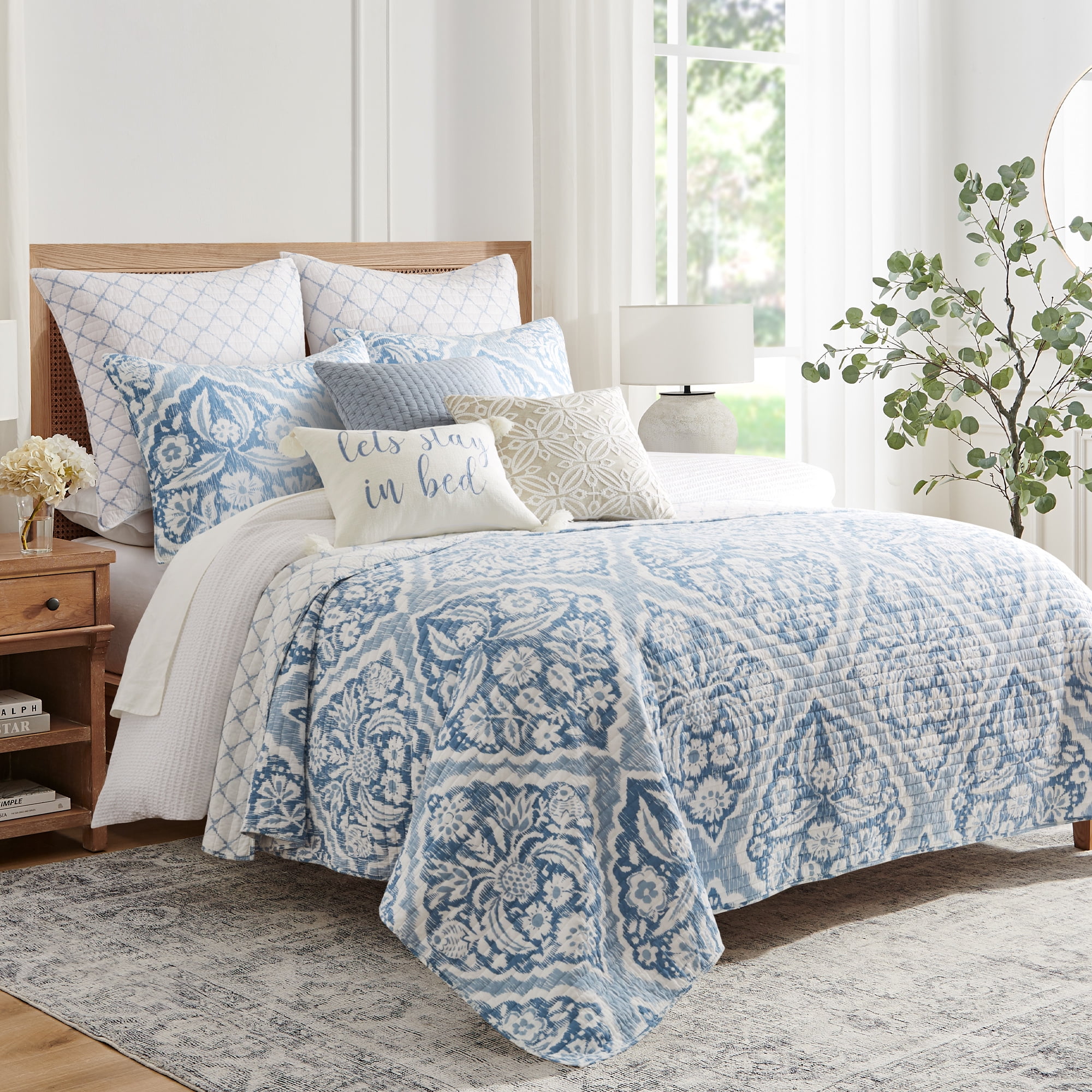Levtex Home - Becker Blue Quilt Set - Full/Queen Quilt and Two Standard Shams - Ikat - Blue, White - Quilt (88x92in.) and Shams (20x26in.) - Reversible - Cotton