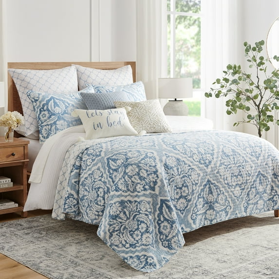 Levtex Home - Becker Blue Quilt Set - King Quilt and Two King Shams - Ikat - Blue, White - Quilt (106x92in.) and Shams (20x36in.) - Reversible - Cotton