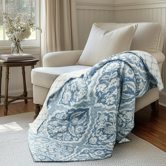 Levtex Home - Becker Blue - Throw - Ikat - Blue, White - Quilted Throw (50x60in.) Reversible - Cotton