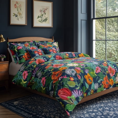 Levtex Home - Bellara Twin Duvet Set - Duvet Cover (68x88in.) and One Sham (20x26in.) - Floral - Navy Coral Orange Pink - Reversible - Cotton