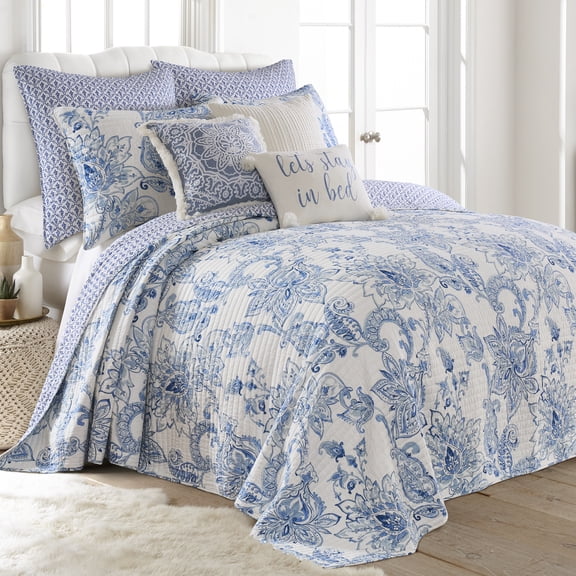 Levtex Home - Bennett Bedspread Set - Twin (80x106in.) Bedspread and 1 Standard Sham (20x26in.) - Floral Paisley - Blue and White - Reversible - Cotton