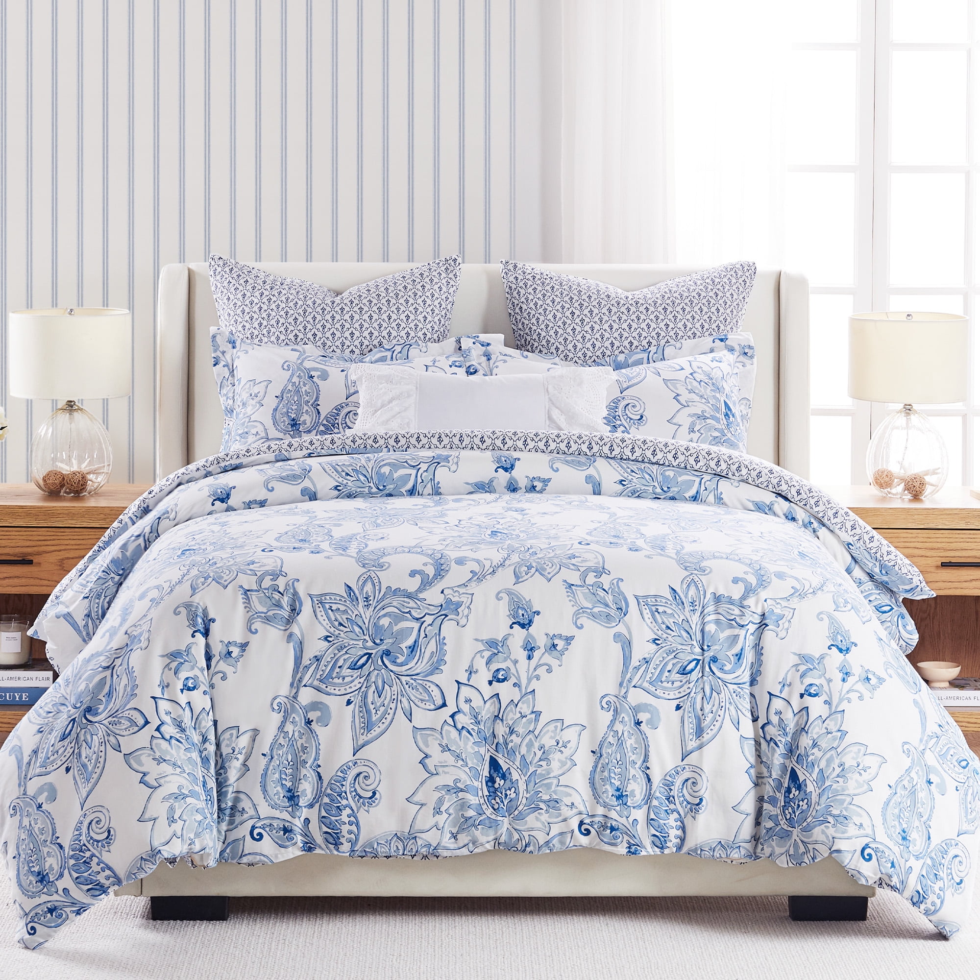 Full/Queen Blue and White Cotton Floral Paisley Duvet Cover Set