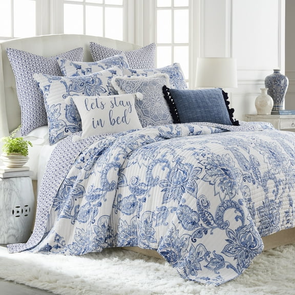 Levtex Home - Bennett Quilt Set - Full/Queen Quilt + Two Standard Pillow Shams - Floral Paisley - Blue and White - Quilt Size (88x92in.) and Pillow Sham Size (26x20in.) - Reversible - Cotton Fabric
