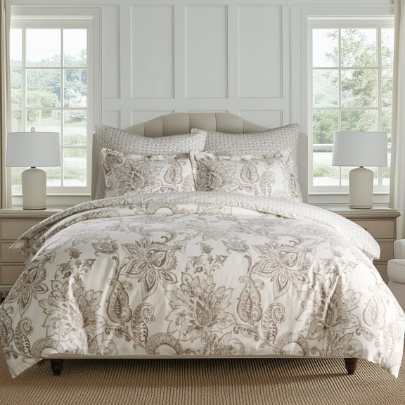 Levtex Home - Bennett Taupe Comforter Set - Twin Comforter   One Standard Pillow Cases - Floral Paisley - Taupe and Cream - Comforter (68 x 88in.) and Pillow Case (26 x 20in.) - Cotton