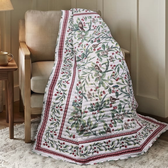 Levtex Home - Berry Lane Quilted Throw - 50x60in - Woodland Birds, Berries and Botanical Design - Red, Green and White - Reversible - Microfiber