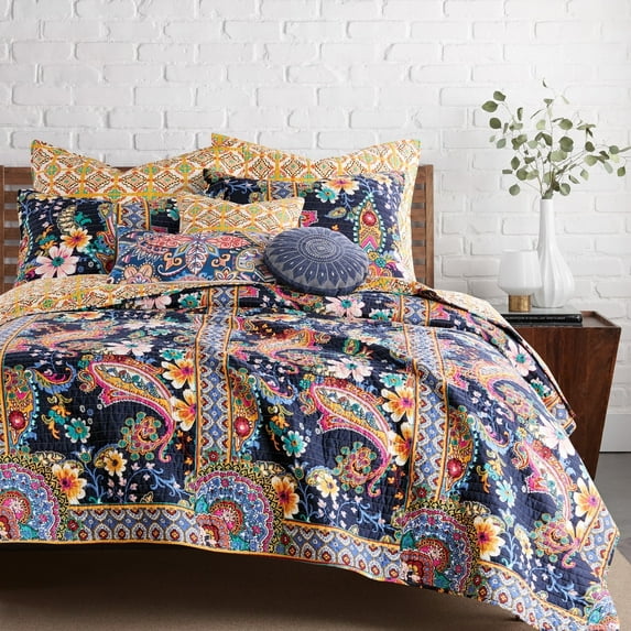 Levtex Home - Bertelli Navy Quilt Set - Full/Queen Quilt and Two Standard Shams - Floral - Navy, Pink, Ochre, Blue Teal, Green - Quilt (88x92in.) and Shams (20x26in.) - Reversible - Cotton