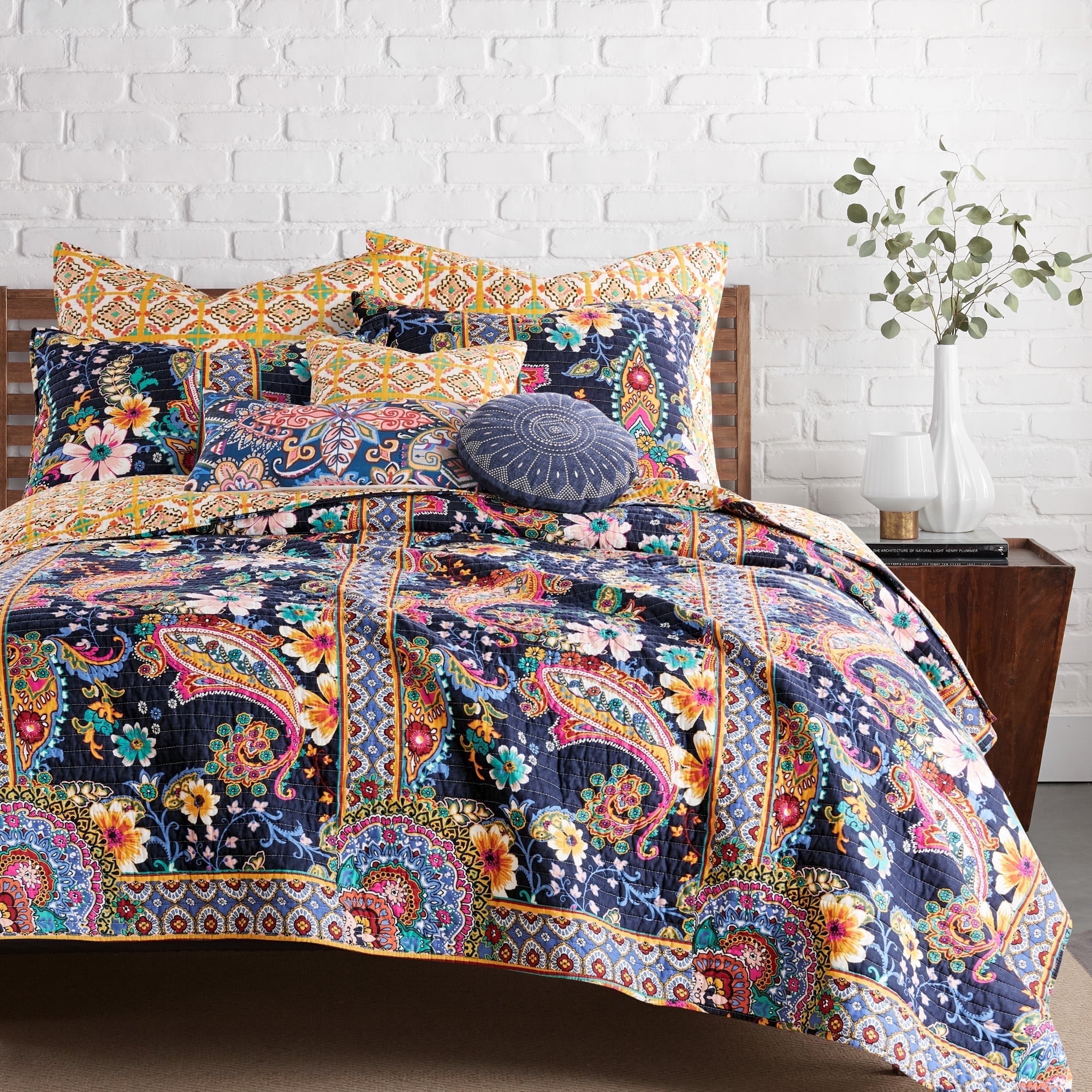 Levtex Home - Bertelli Navy Quilt Set - King Quilt and Two King Shams - Floral - Navy, Pink, Ochre, Blue Teal, Green - Quilt (106x92in.) and Shams (20x36in.) - Reversible - Cotton