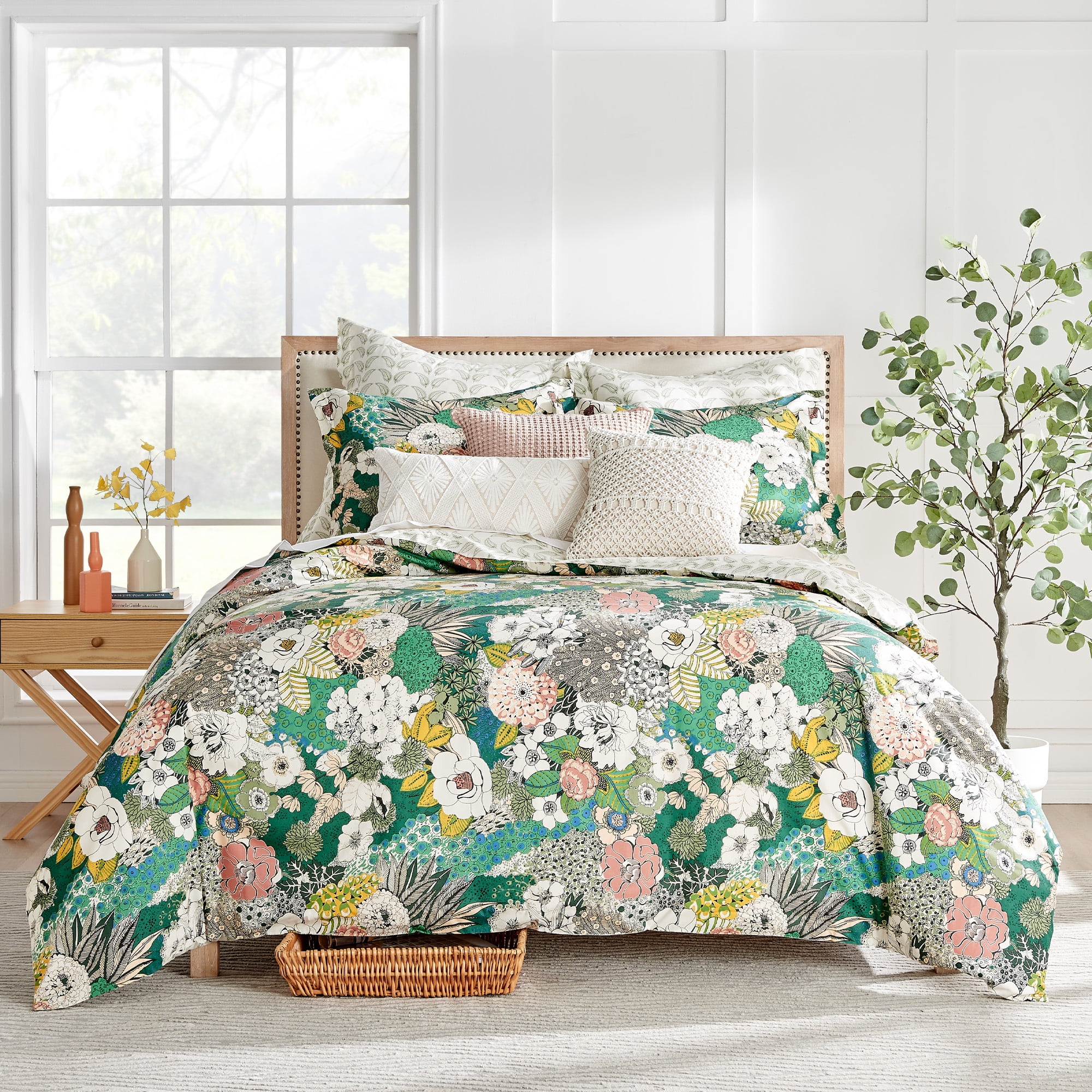 Bettina Floral Cotton King Duvet Cover in Teal and Green