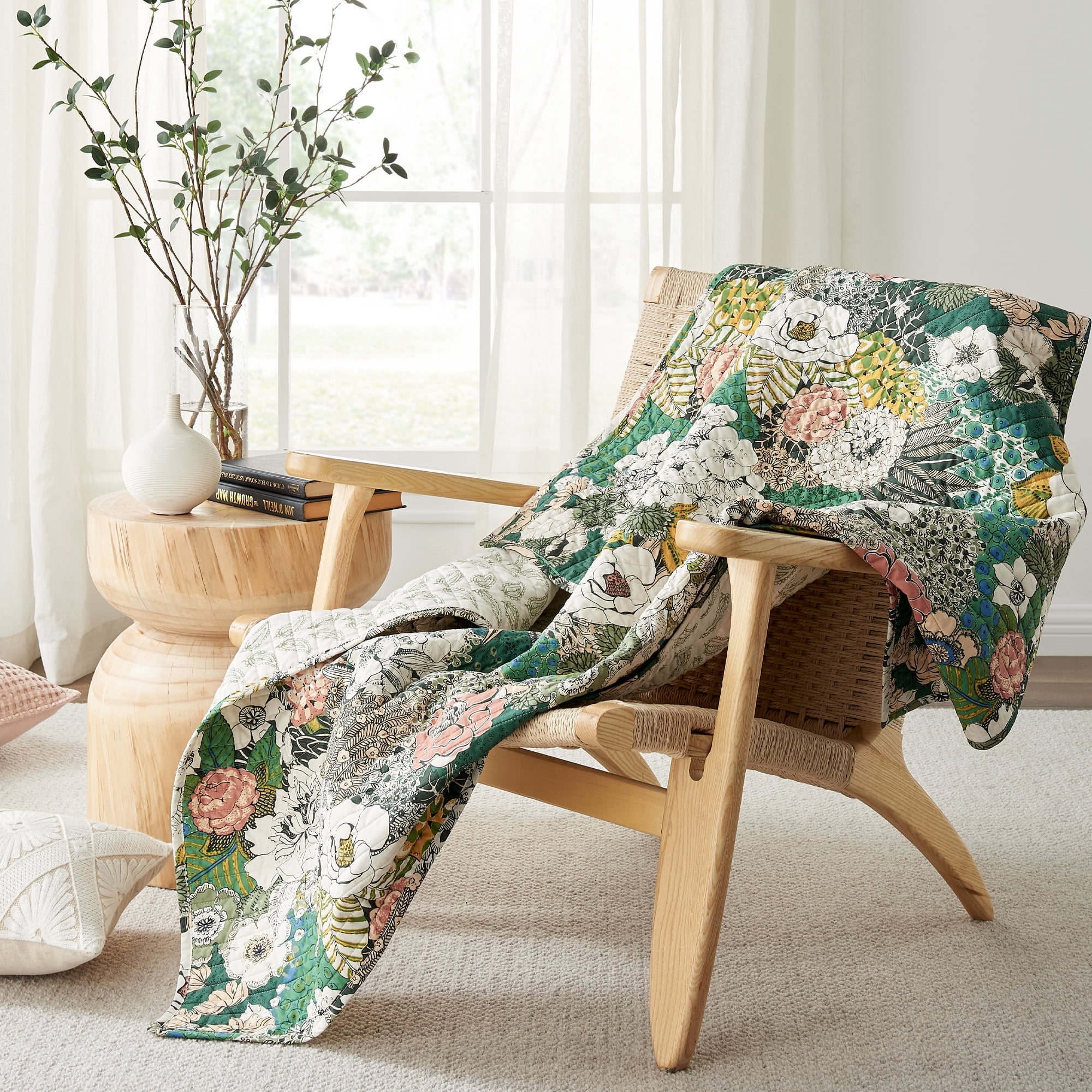 Bettina Green Floral Cotton Reversible Quilted Throw Blanket
