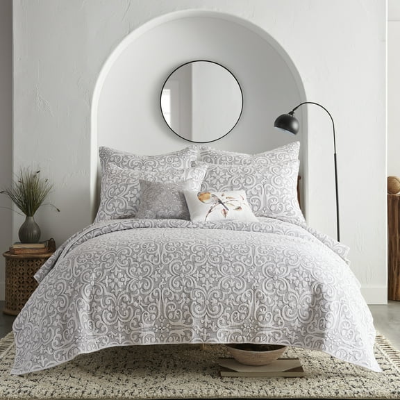 Levtex Home Birch Hill Sherbourne Quilt - Quilted Medallion White with Black Stitch - King Quilt Size (106 x 92in.) - Reversible Pattern - Cotton Front/Microfiber Reverse - Shams Sold Separately