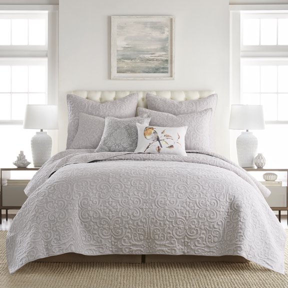 Levtex Home Birch Hill Sherbourne Quilt - Quilted Medallion White with Grey Stitch -Twin Quilt (68x86) - Reversible Pattern - Cotton Front/Microfiber Reverse - Shams Sold Separately