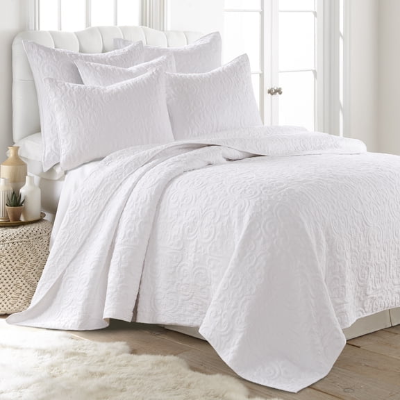 Levtex Home Birch Hill Sherbourne Quilt - Quilted Medallion White with White Stitch - Twin Quilt (68x86) - Reversible Pattern - Cotton Front/Microfiber Reverse - Shams Sold Separately