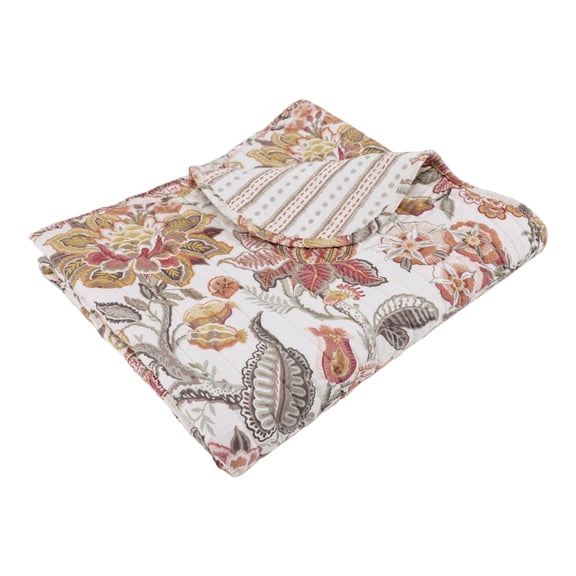 Levtex Home - Blair Rust Quilted Throw Blanket - 50x60in - Floral Botanical Design - Rust, Blush and Sage - Reversible - Scalloped Edge - Cotton