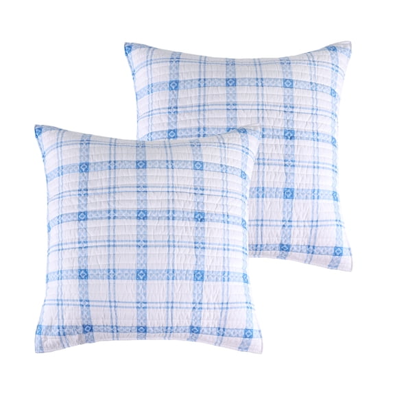 Levtex Home - Blooming Hillside Euro Sham Set - 2 Euro Shams (26x26in) - Plaid with Tie Closures - Blue and White - Reversible - Cotton