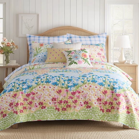 Levtex Home - Blooming Hillside Quilt Set - Twin Quilt (68x86in.) and 1 Standard Shams (20x26in) - Floral - Pink, Green, Ivory, Blue - Reversible - Cotton