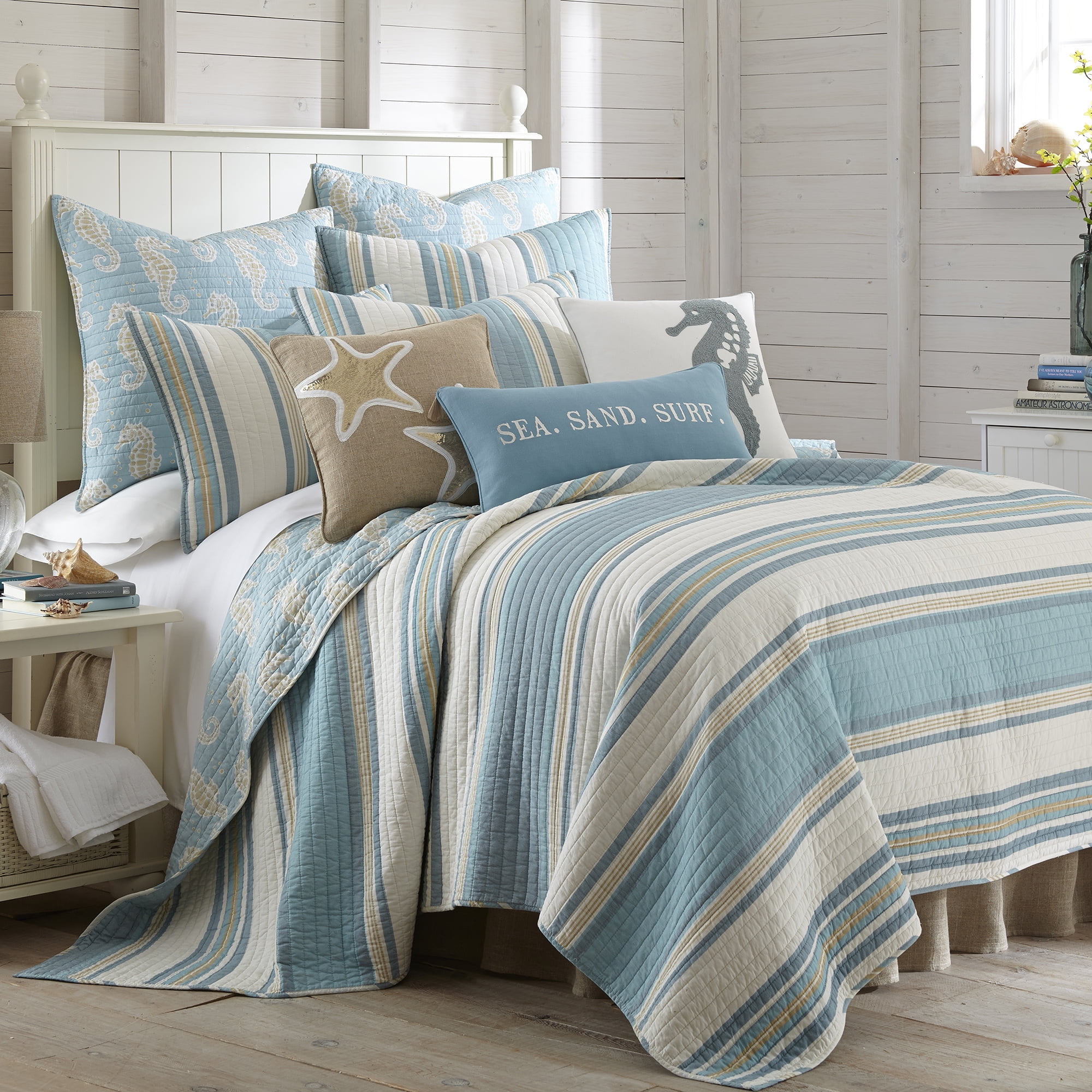 Levtex Home Blue Maui Quilt Set King Quilt Two King Pillow Shams Striped Coastal Design In Light Blue Cream and Tan Quilt Size 106 x 92 Pillow Sham Size 36 x