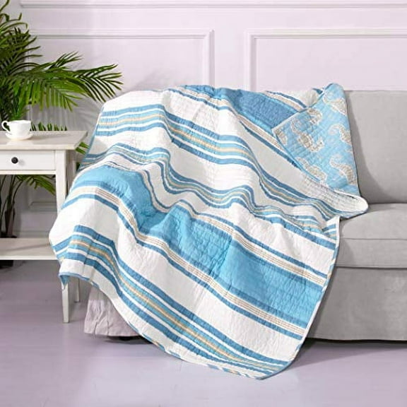 Levtex Home - Blue Maui - Quilted Throw - 50x60in. - Striped Coastal Design In Light Blue, Cream and Tan - Reversible Pattern - Cotton