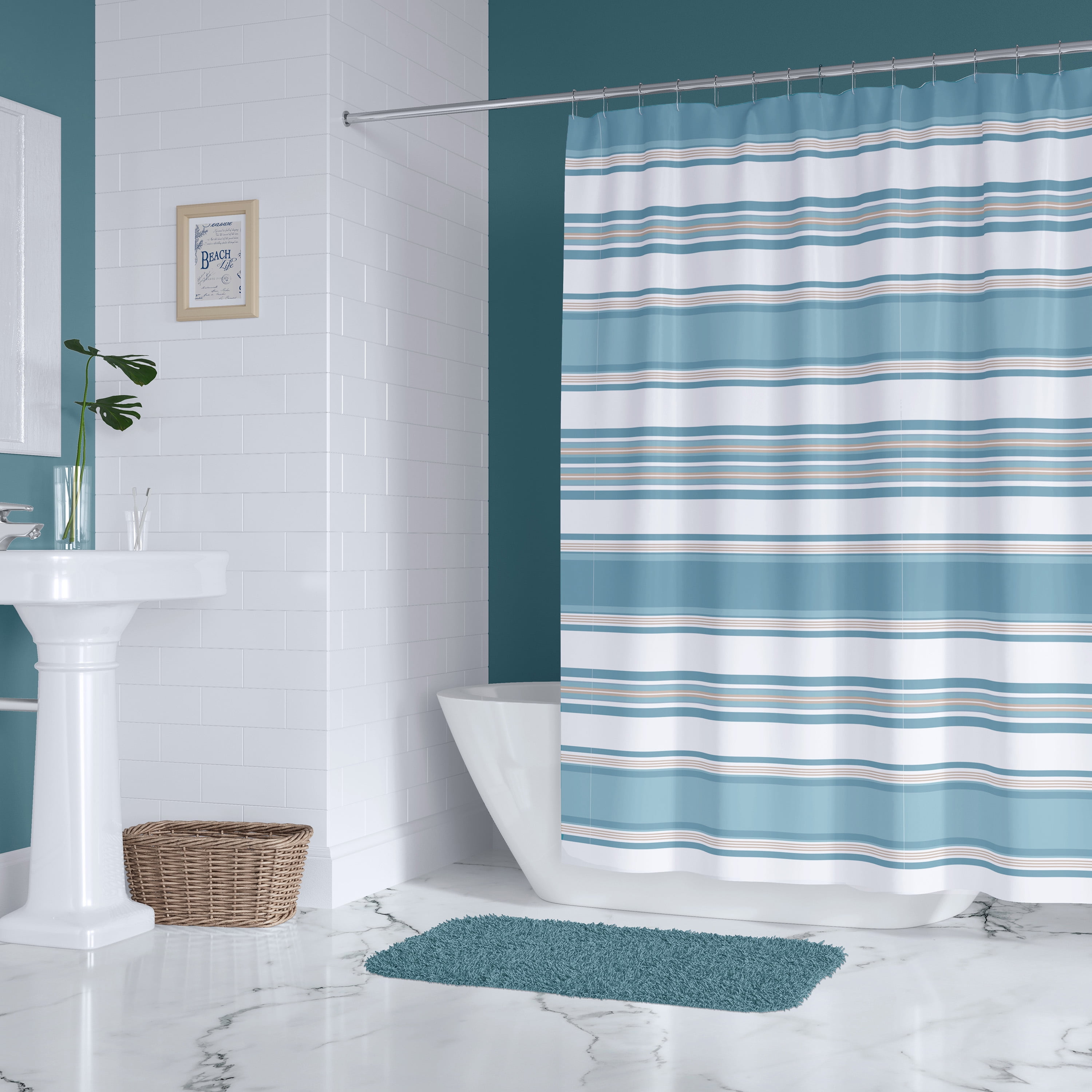 Blue and Beige Striped Cotton Coastal Shower Curtain 72x72