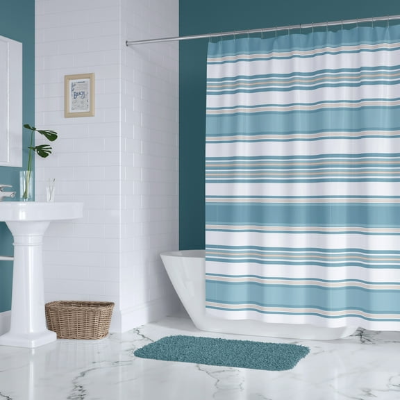Levtex Home - Blue Maui - Shower Curtain (72x72in.) with Button Holes - Striped Coastal Design In Light Blue, Cream and Tan - 100% Cotton