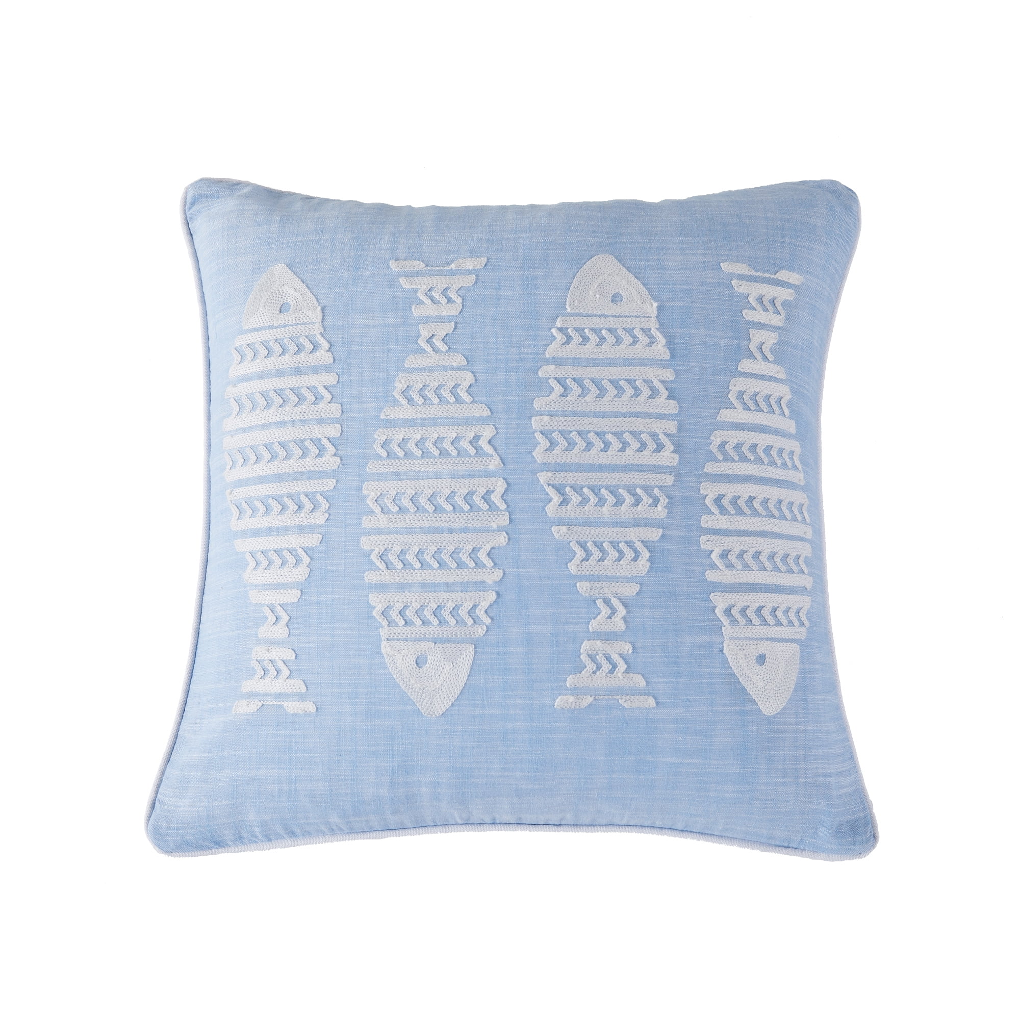 Blue and Cream Embroidered Nautical Fish Throw Pillow