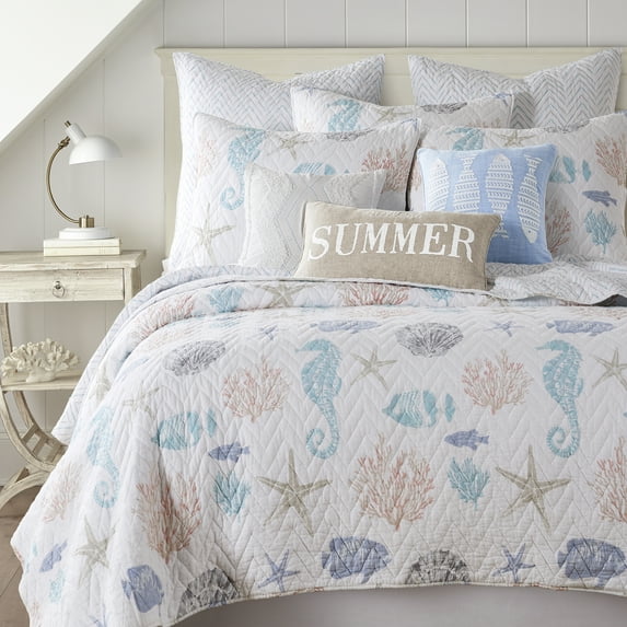 Levtex Home - Blue Sea Quilt Set - King Quilt (106x92in.) + Two King Pillow Shams (36x20in.) - Coastal - Coral, Teal, Blue, Grey, White - Reversible - Cotton Fabric