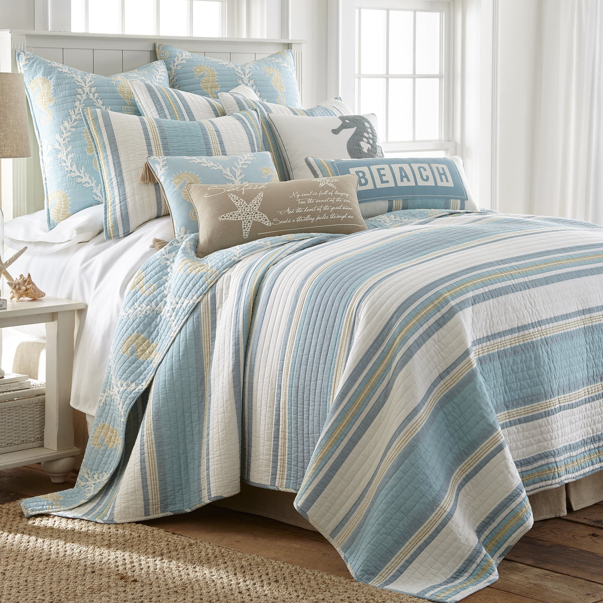 Levtex Home Blue Teal Taupe Cream Cotton Quilt, Queen - Reversible