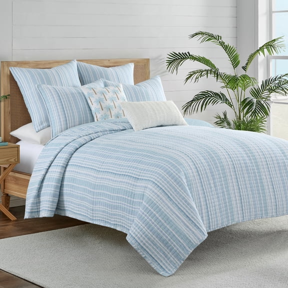 Levtex Home Boracay Quilt Set – King Quilt (106x92in) and 2 King Shams (20x36in) – Textured Striped Design – Aqua and White – Cotton Muslin – Lightweight