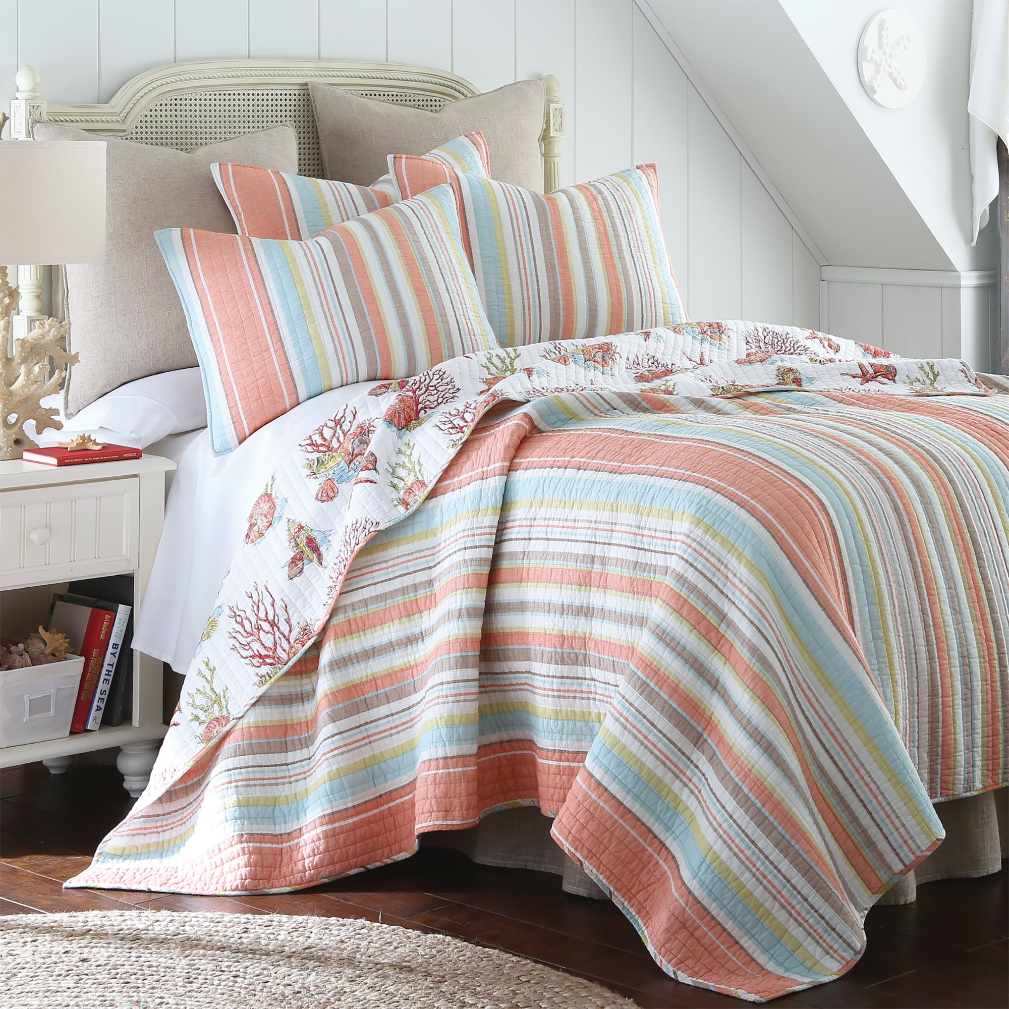 Brighton Coral Twin Cotton Quilt Set with Striped Coastal Design