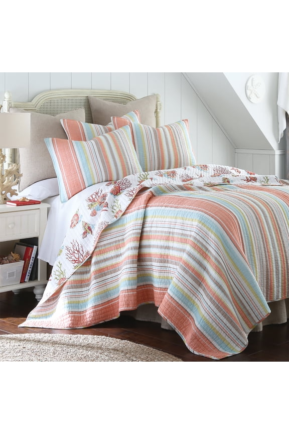 Brighton Coral Striped Cotton Quilt, Full/Queen - Reversible