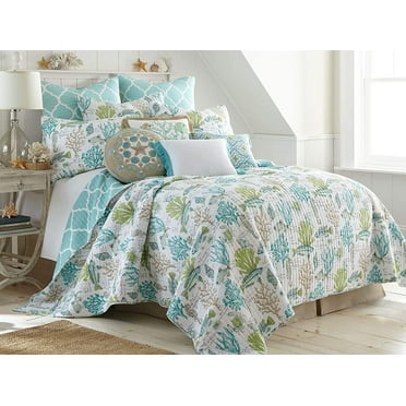 Levtex Home - Calafel Quilt Set - Full/Queen Quilt + Two Standard Pillow Shams - Seaglass Coastal - Green Taupe Turquoise - Quilt Size (88x92in.) and Pillow Sham Size (26x20in.) - Reversible - Cotton