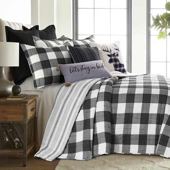 Levtex Home - Camden Bedspread Set - King Bedspread + Two King Pillow Shams - Buffalo Check in Black and Cream - Bedpsread Size (120 x 118 in.) and Pillow Sham Size (36 x 20 in. )