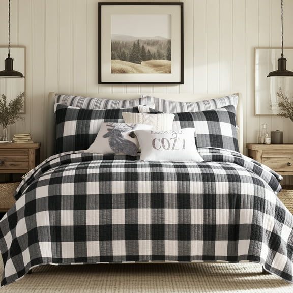 Levtex Home - Camden Quilt Set -Twin/Twin XL Quilt + One Standard Pillow Sham - Buffalo Check in Grey and Cream - Quilt Size (68 x 86 in.) and Pillow Sham Size (26 x 20 in.)
