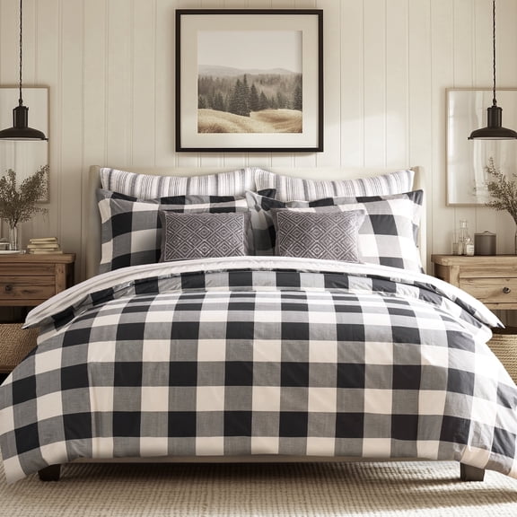 Levtex Home - Camden Black Comforter Set - Twin/Twin XL Comforter (68x88in.) and 1 Standard Sham (20x26in.) - Buffalo Check Design - Black/White - Reversible - Cotton Front and Back - Polyester Fill