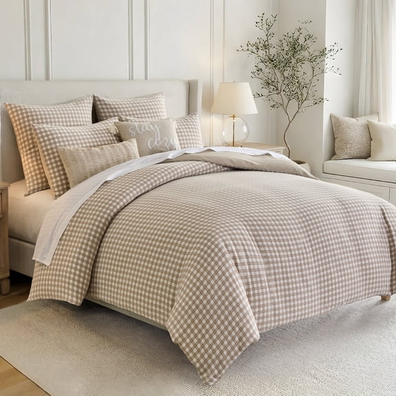 Levtex Home - Camden Gingham Stitch Taupe Duvet Cover Set - Twin Duvet (68x88in) and 1 Standard Sham (20x26in) - Textured Gingham - Taupe and Cream - Button Closure - Cotton