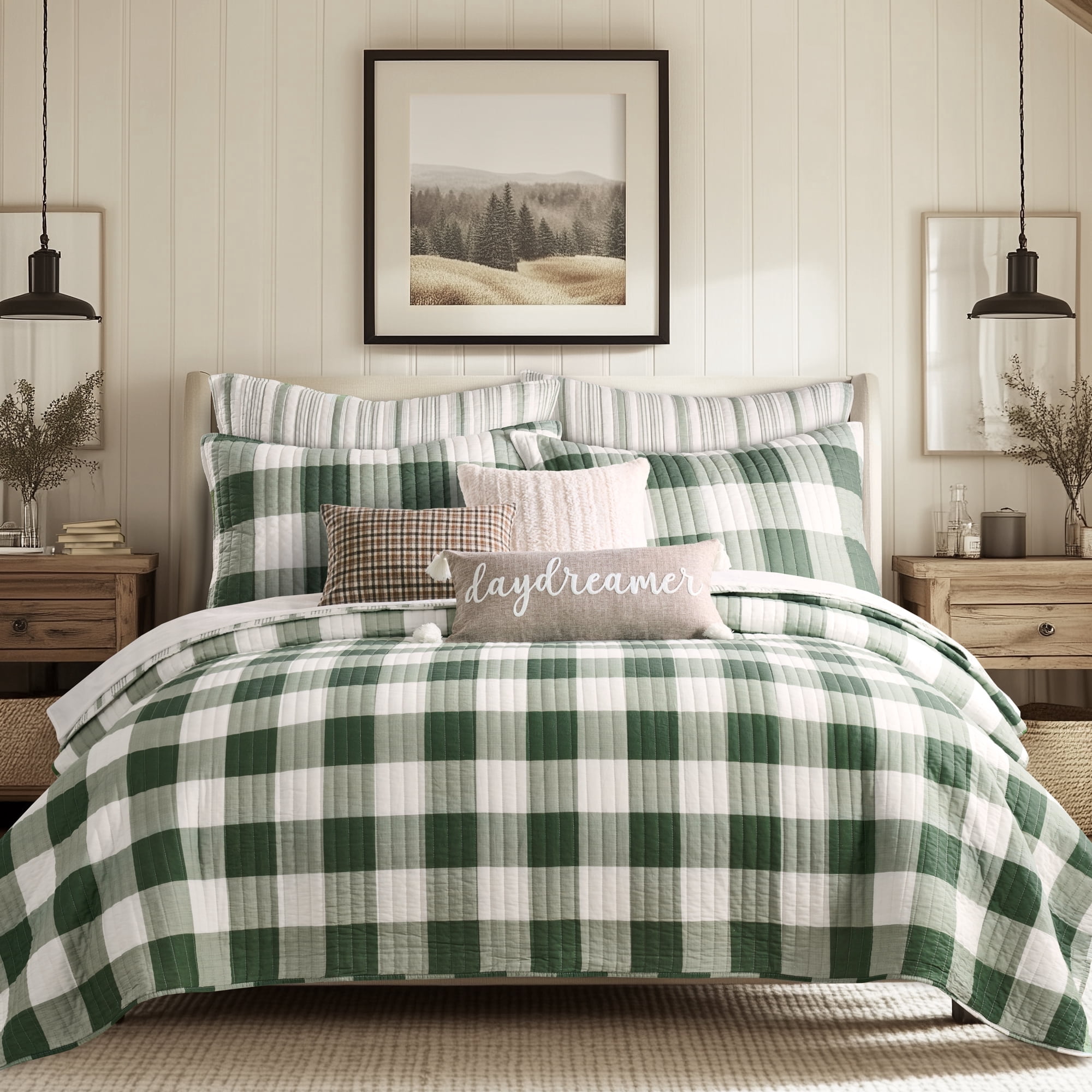 Levtex Home Camden Green Reversible Full / Queen Quilt Set (88x92in) with 2 Pillow Shams (26x20in) - Buffalo Check - Green - Cotton Queen Size Quilt Bedding Set