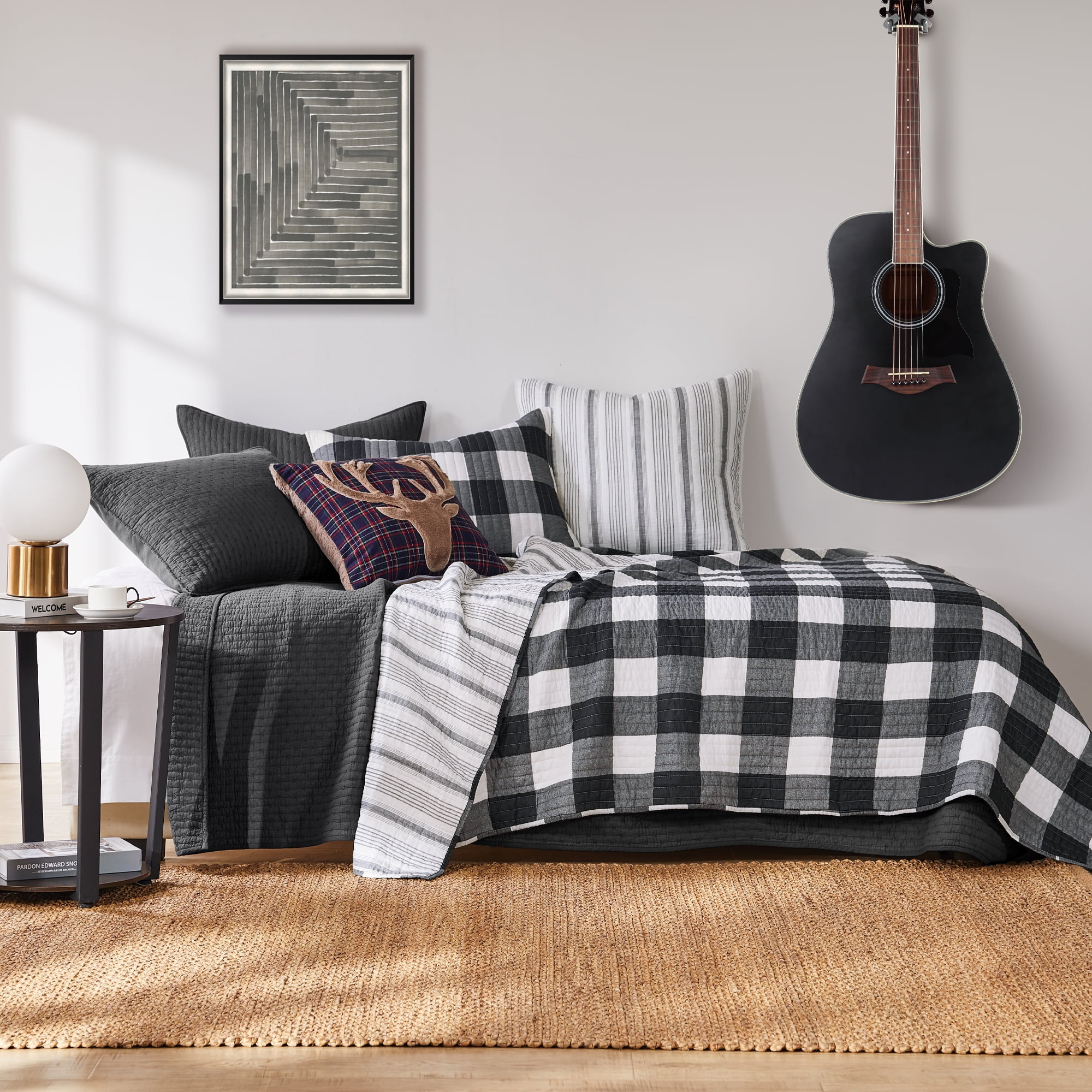 Camden Black and White Cotton Twin Quilt Set