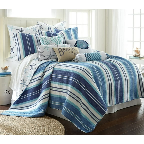 Levtex Home - Camps Bay Quilt Set -Full/Queen Quilt + Two Standard Pillow Shams - Striped Coastal Pattern In Navy and Blues - Quilt Size (88 x 92") and Pillow Sham Size (26 x 20") - Reversible -Cotton