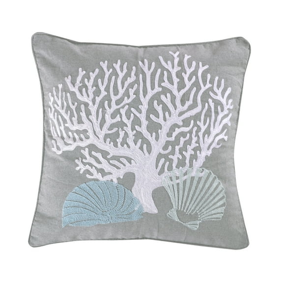 Levtex Home - Cape Coral - Decorative Pillow (18 x 18in.) - Embroidered Coral Print - Teal, Blue, Grey, and White