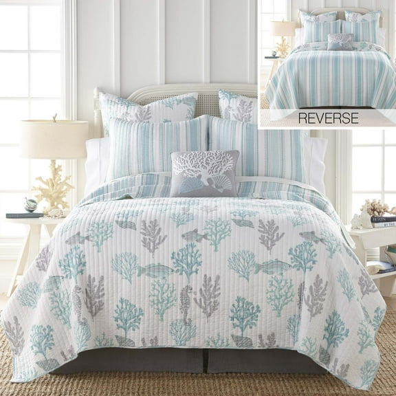 Levtex Home - Cape Coral Quilt Set - Full/Queen Quilt + Two Standard Pillow Shams - Stripe - Teal and White - Quilt Size (88x92in.) and Pillow Sham Size (26x20in.) - Reversible - Cotton Fabric