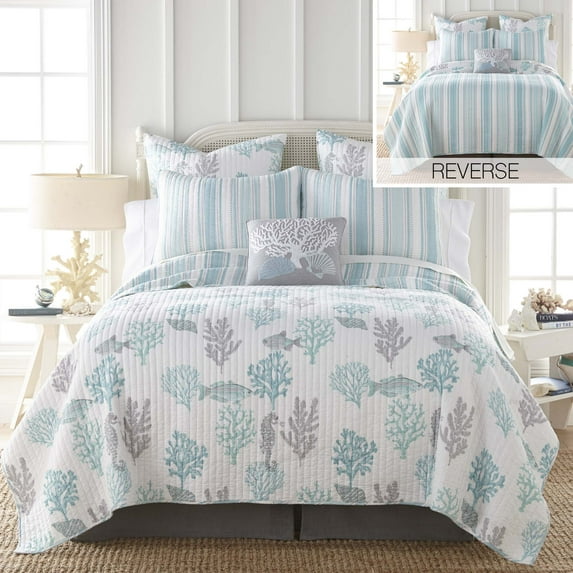 Levtex Home - Cape Coral Quilt Set - Full/Queen Quilt + Two Standard Pillow Shams - Stripe - Teal and White - Quilt Size (88x92in.) and Pillow Sham Size (26x20in.) - Reversible - Cotton Fabric