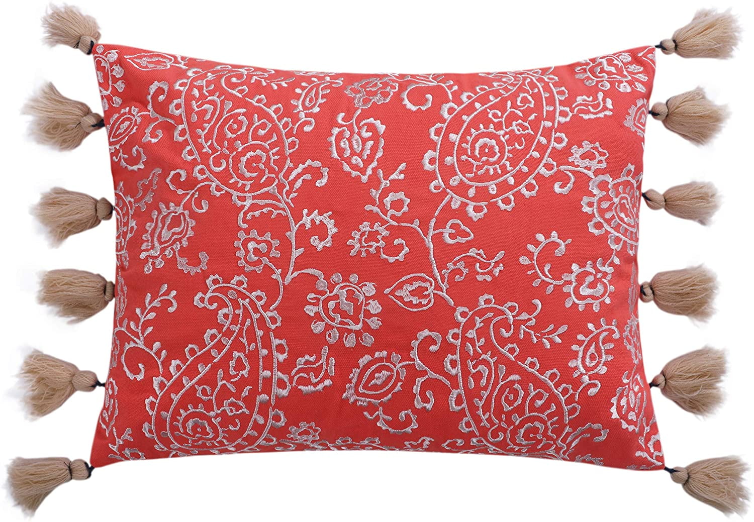 Small Coral Embroidered Paisley Accent Pillow with Tassels