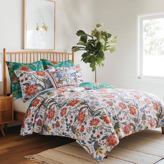 Levtex Home - Carmina Quilt Set - King Quilt and Two King Shams - Floral Vines - Off White Red Orange Blue Green - Quilt (106x92in.) and Shams (20x36in.) - Reversible - Cotton
