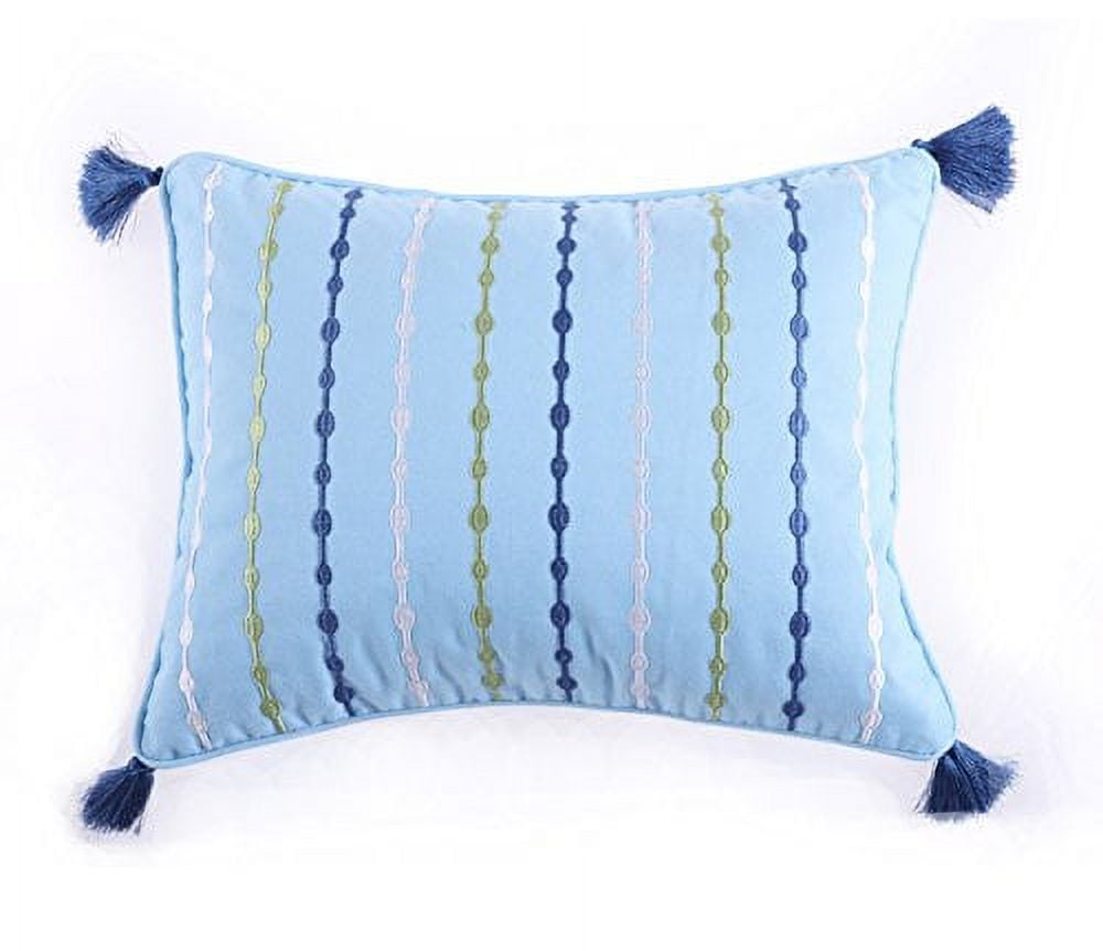 Blue and Green Embroidered Rectangular Tassel Throw Pillow