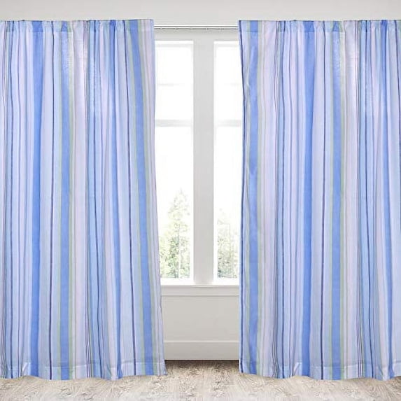 Levtex Home - Catalina - Drape Panel/Curtain (55x84in.) Set of 2 with Rod Pocket - Striped Coastal Pattern in Blues and Greens - White, Green, Blues - Cotton Fabric