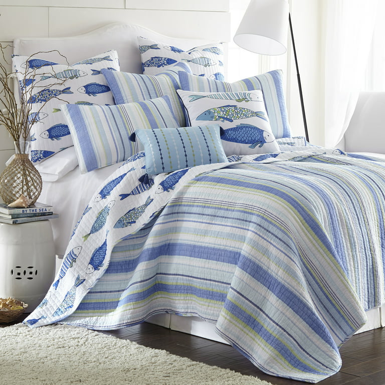 Levtex Home- Catalina Quilt Set -Twin Quilt + One Standard Pillow Sham -  Striped Coastal Pattern In Blues and Greens - Quilt Size (68 x 86) and