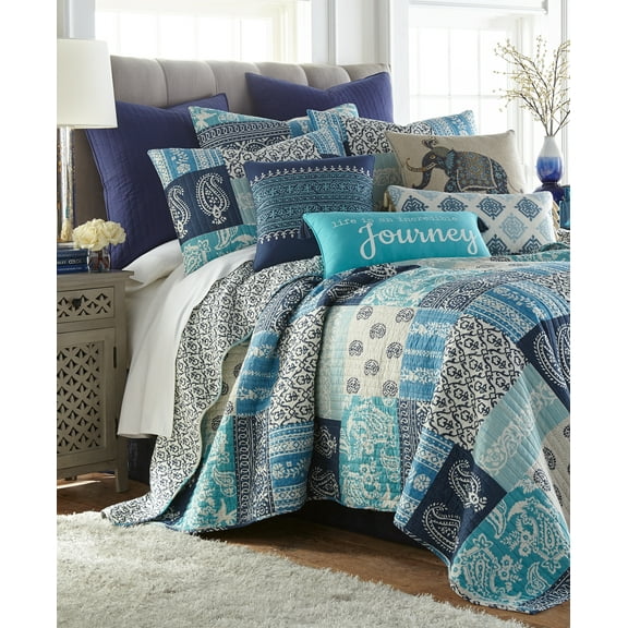 Levtex Home - Chandra Quilt Set - King Quilt + Two King Pillow Shams - Navy Blue Teal Cream - Quilt (106x92in.) and Pillow Shams (36x20in. ) - Reversible - Cotton Fabric