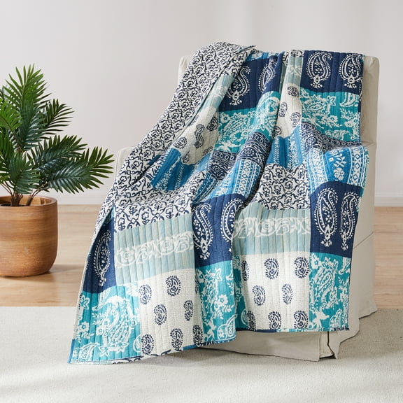 Levtex Home - Chandra - Quilted Throw - Navy Blue Teal Cream -Throw Size 50x60in. - Cotton Fabric