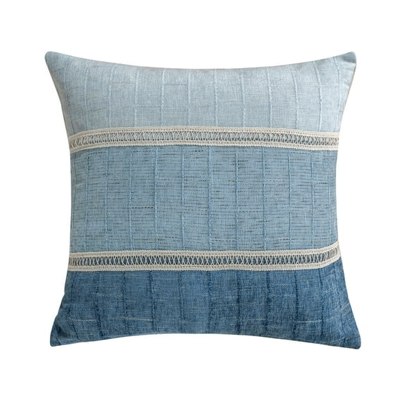 Levtex Home Chenille Pieced Applique Trim Pillow, Patchwork, Invisible Zipper, Blue