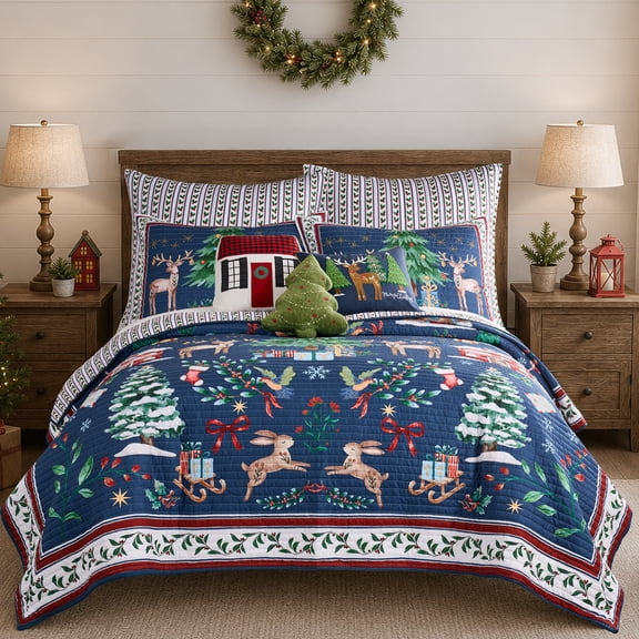 Levtex Home - Christmas Cottage Quilt Set - Twin Quilt (68x86in) and Standard Sham (20x26in) - Whimsical Holiday Woodland Design - Navy, Red, Green - Reversible - Polyester