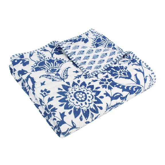 Levtex Home - Clara Blue - Throw - Floral - Blue White - Quilt (50x60in.) and Sham 50x60in. - Cotton